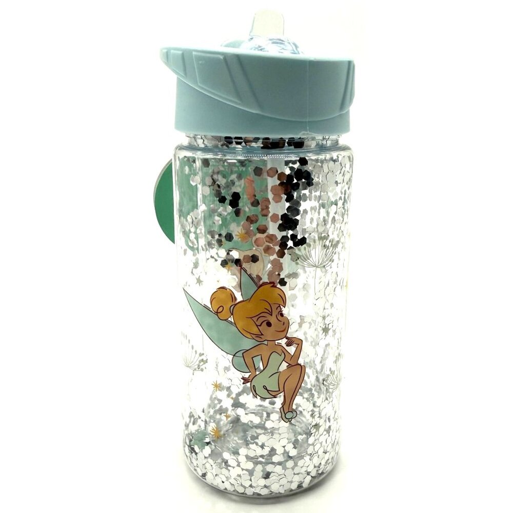 Disney Tinker Bell Glitter Water Bottle With Flip Straw Lid 16 Oz BPA-Free Plast
